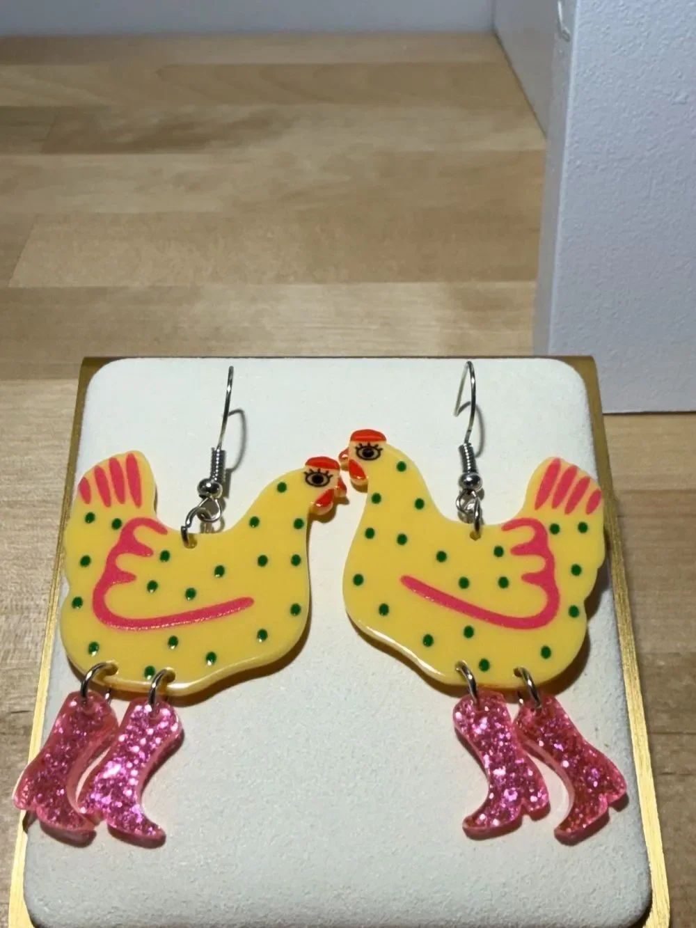 Handmade Yellow Chicken Dangle Earrings with Pink Glitter Boots